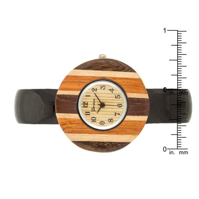 Brenna Black Wood Inspired Leather Cuff Watch