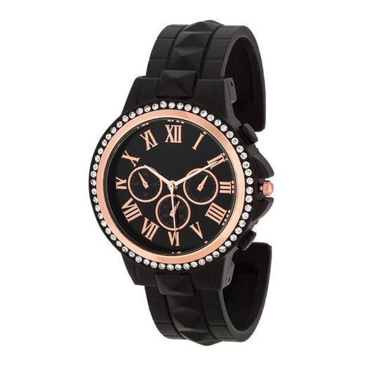 Ava Rose Goldtone Black Metal Watch With Crystals