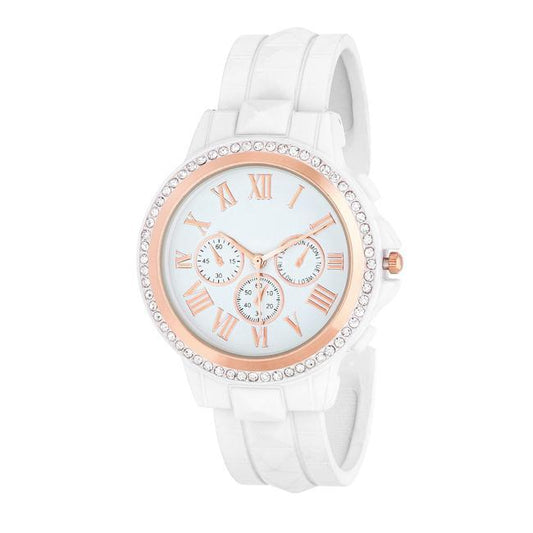 Ava Rose Goldtone White Metal Watch With Crystals